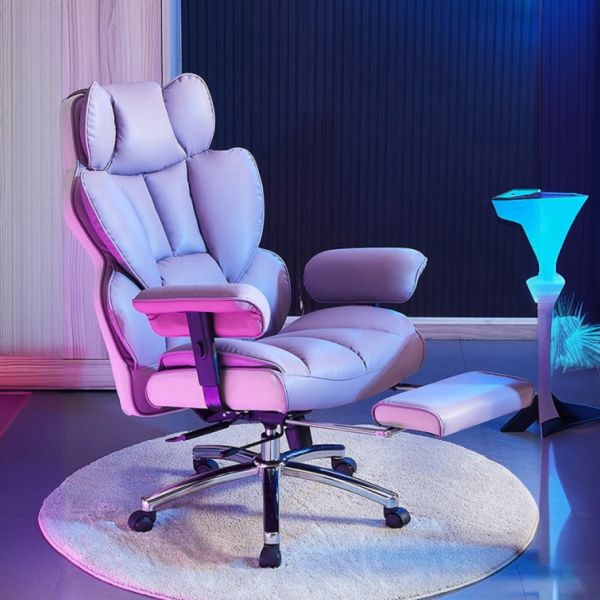 Gaming Chair in Eggplant Color with Back Support, Pillow, Tilt Lock, and Lumbar Support, Purple, With Footrest