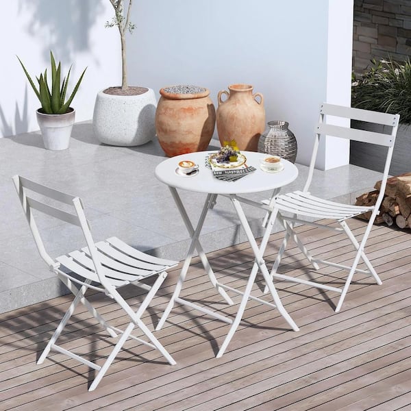 Garden Bistro Metal Folding Patio Set AUTMOON 3-Piece Metal Foldable Bistro Set, All Weather-Resistant Outdoor/Indoor Conversation Set For Patio, Yard, Garden-White W1586P143153