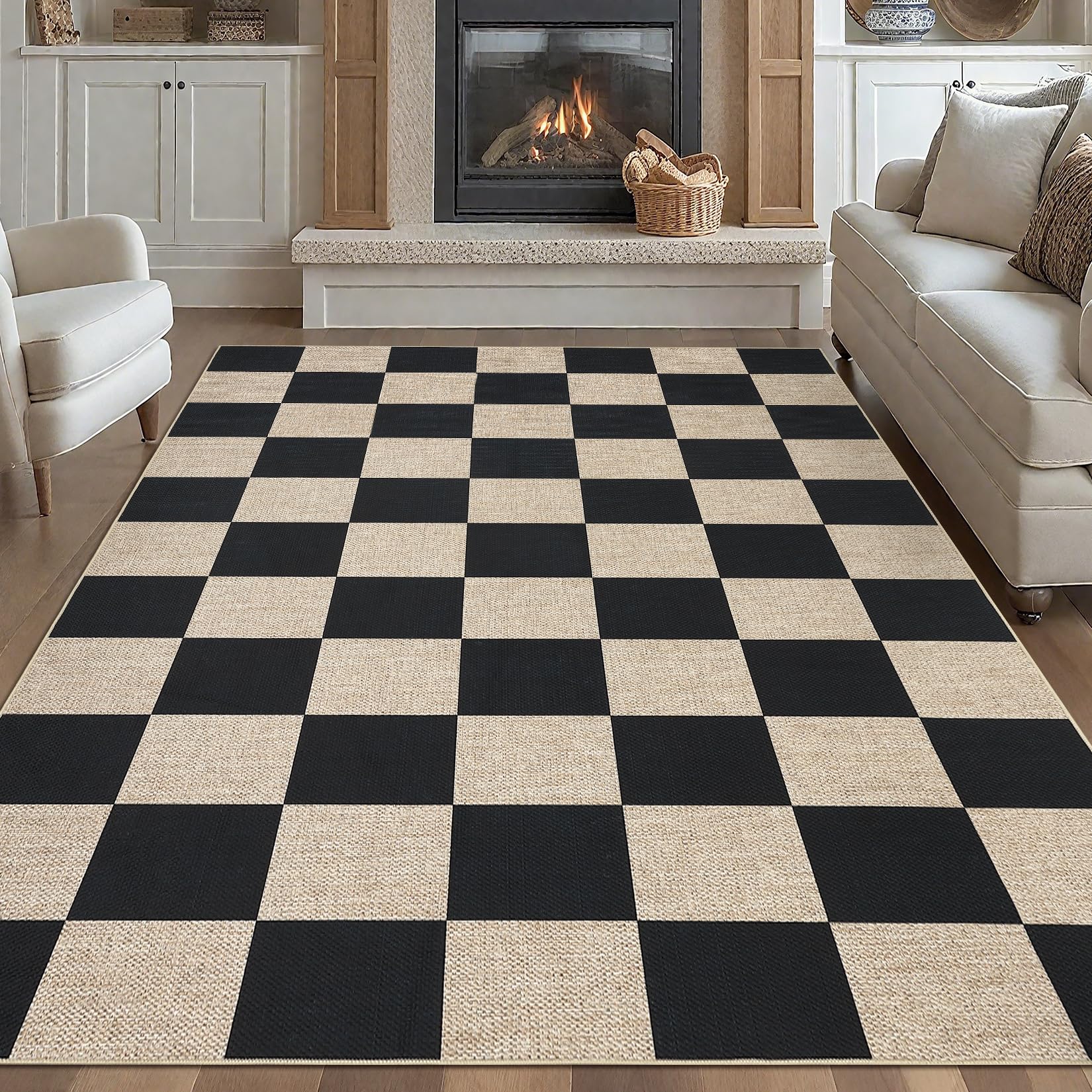 Garvee 9x12 Checkered Easy Jute Rugs Non-Slip Backing Machine Washable Large Rugs Black for Bedroom Patio Dining Room Backyard