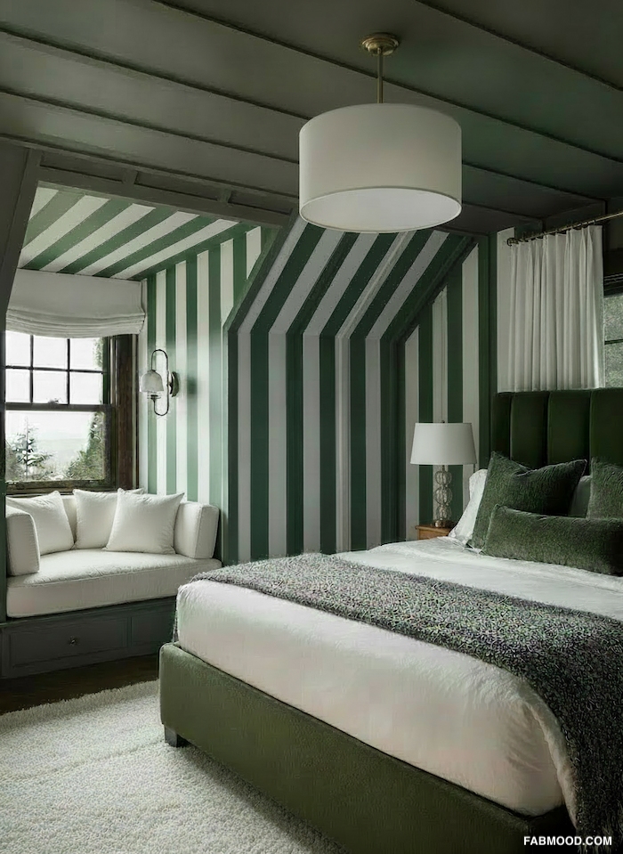 Green Bedroom in a Period Home with a Sloped Ceiling and Striped Wallpaper