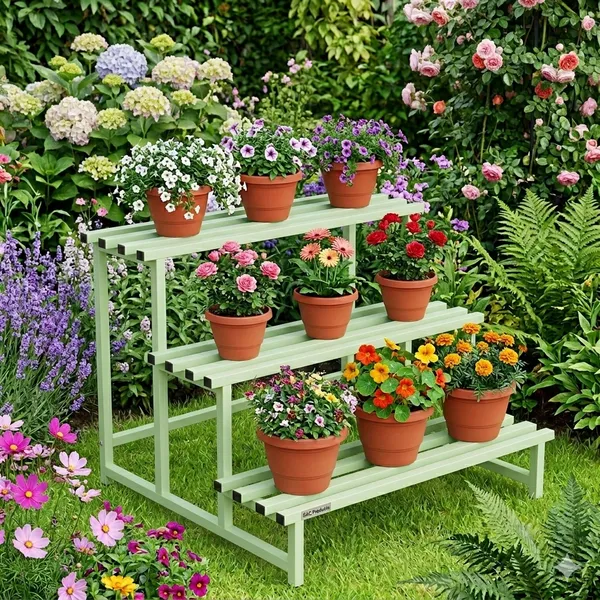 Hind Stand HIND's 3-Tier/Shelves Heavy-Duty Metal Planter Stand | Indoor Outdoor Flower Pot Holder | Rust-Proof Iron Plant Stand with Modern Design for Balcony, Patio & Home Decor | Weight Capacity 
