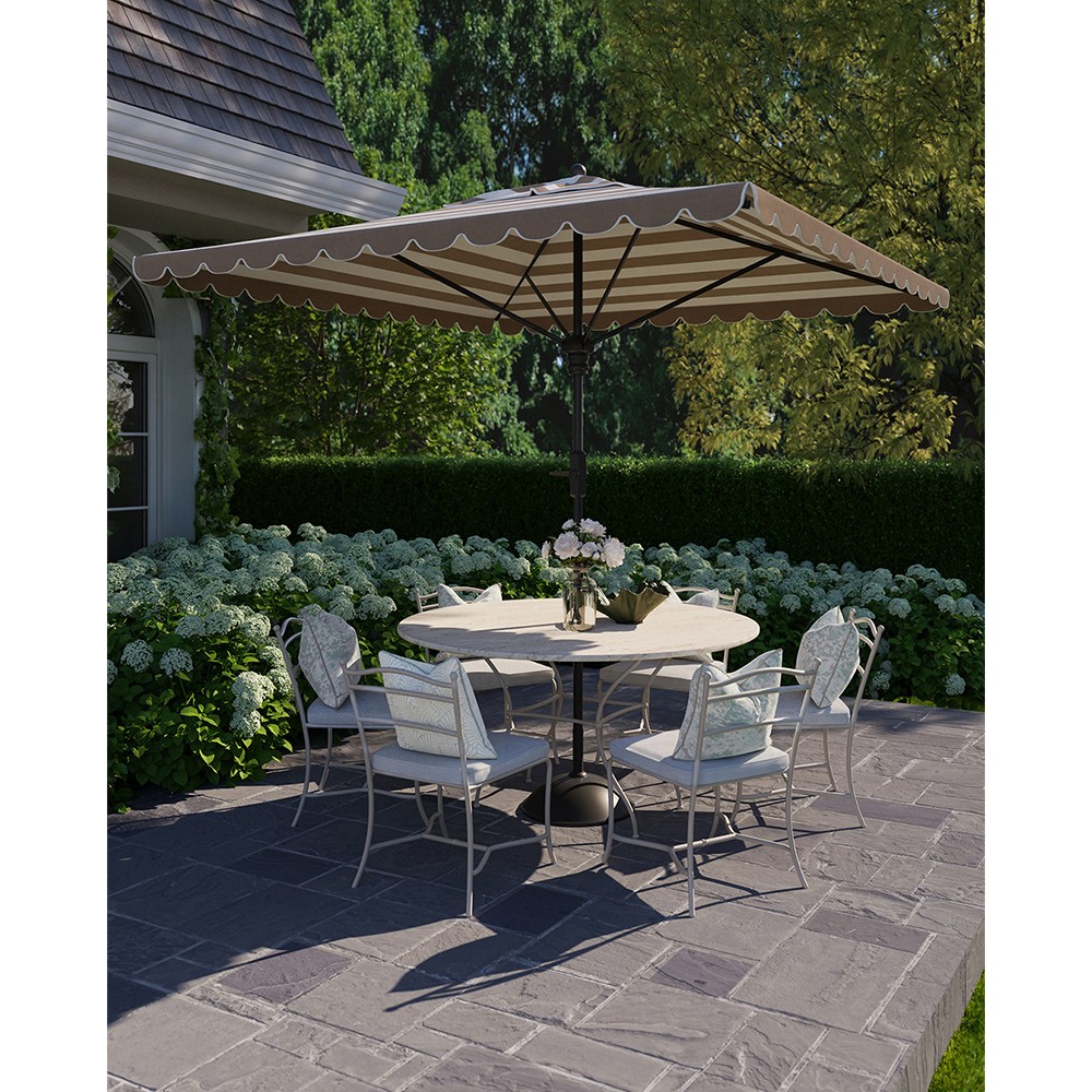 Inès French Country Beige Striped Rectangular Scalloped Patio Umbrella | Kathy Kuo Home