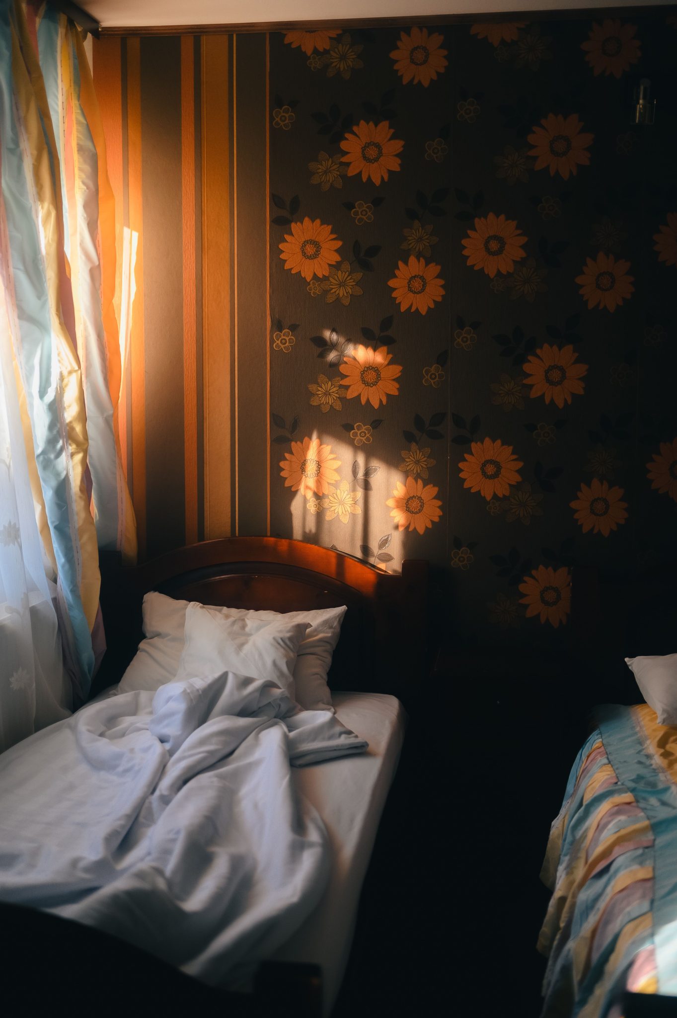 Inviting bedroom with sunflower wallpaper and morning sunlight casting soft shadows.