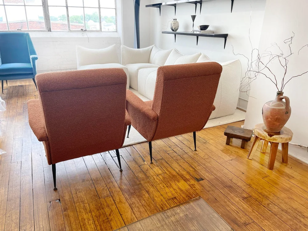 Italian Vintage Armchairs by Giuseppe Rossi 1950s newly upholstered Dark Orange Boucle — Mid Century Sofas & Chairs