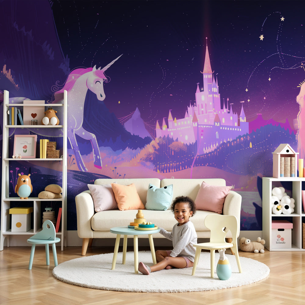 Kids room wallpaper | Enchanted unicorn and castle at dusk