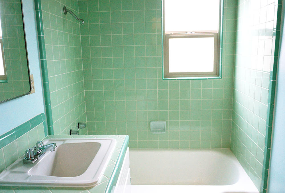 Laura's green B&W Tile bathroom remodel in progress - Retro Renovation