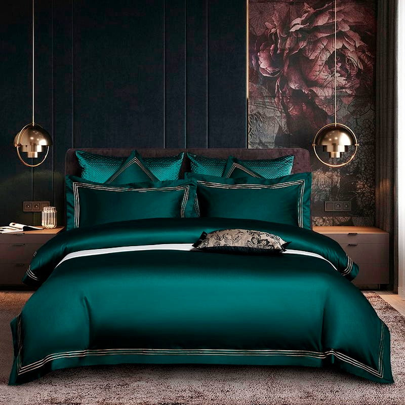Leila Green Embroidered Edge Egyptian Cotton Bedding Set, USA Queen / Both Flat & Fitted Sheets / 2 Pillowcases