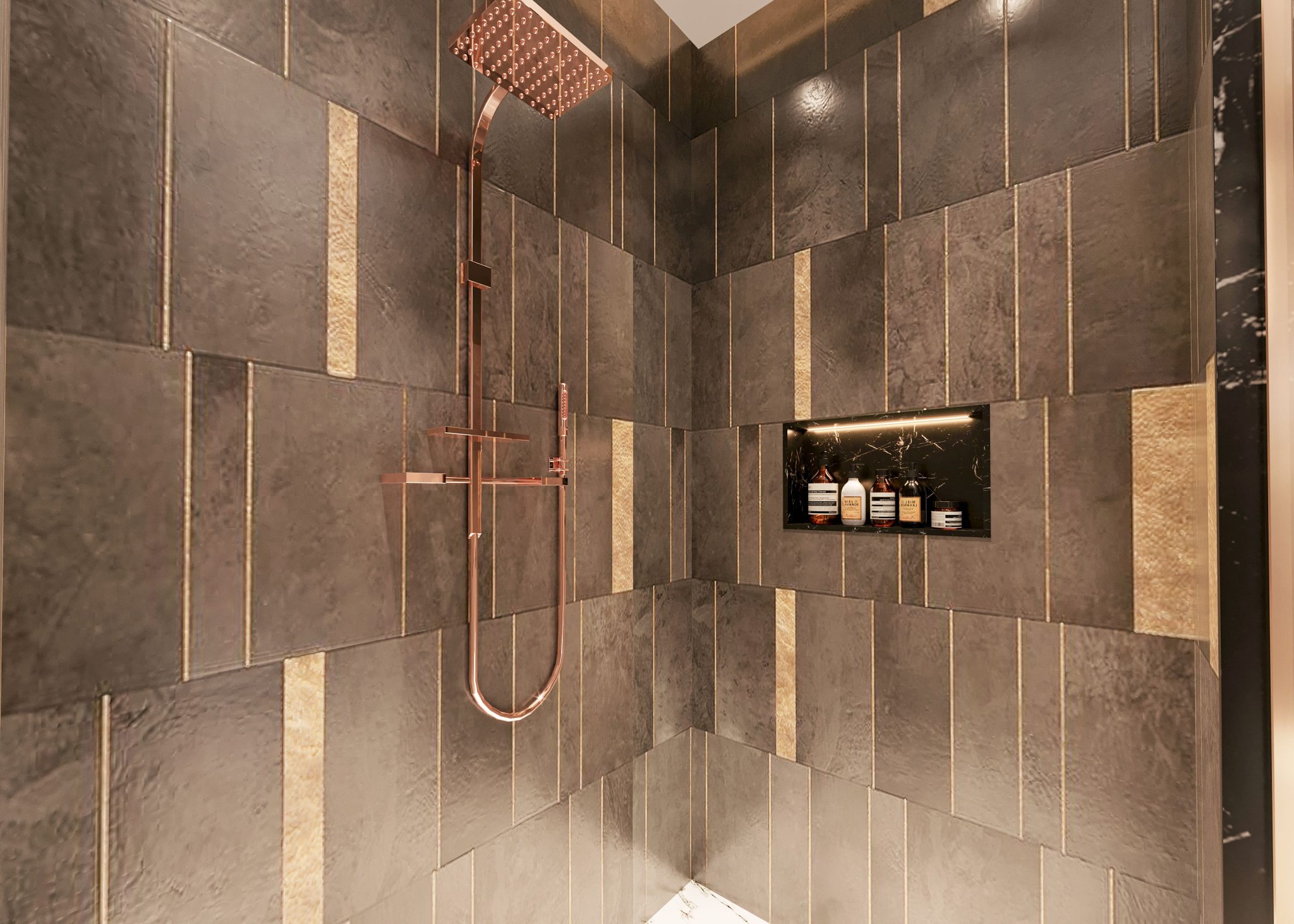 Luxurious modern shower with dark textured tiles and copper fixtures for a sophisticated bathroom design.