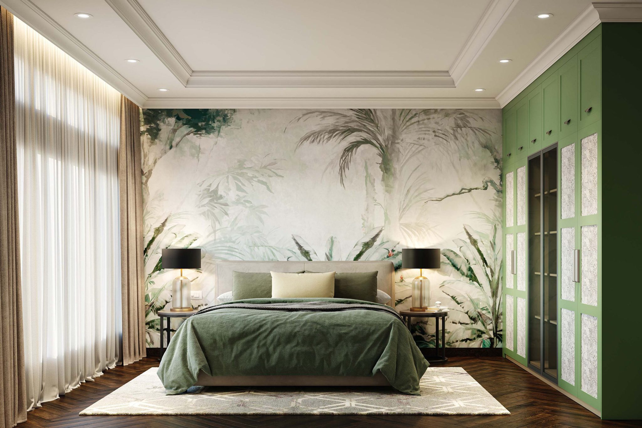 Master Bedroom Design with Contemporary Tufted Bed, Green Wardrobe and Tropical Motifs | Livspace