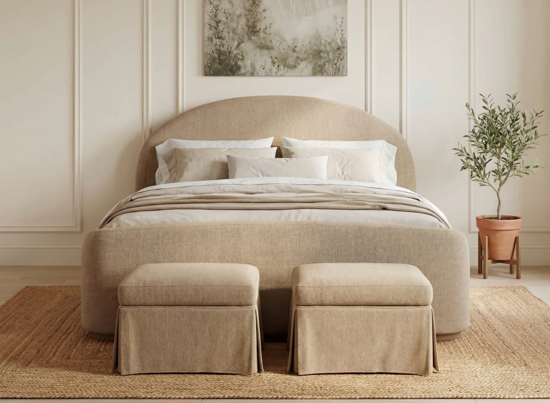 Minimalist Sand-Toned Fabric Bed with Arched Headboard - Contemporary