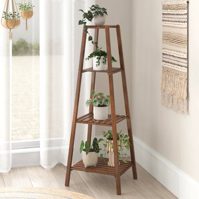 Modern Boho Wooden 4-Shelf Pyramidal Plant Stand | FastFurnishings.com