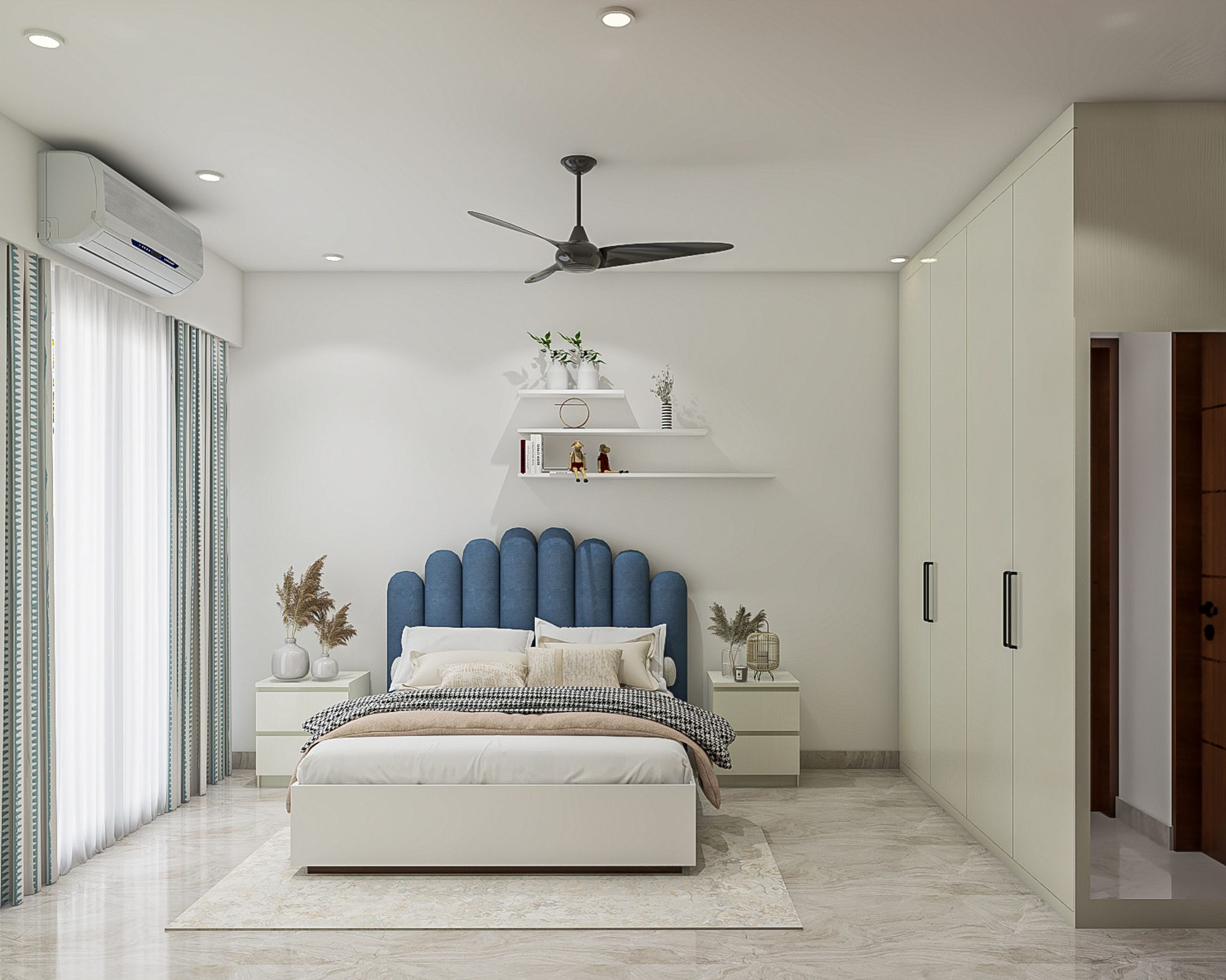 Modern Master Bedroom Design with Arched Blue Upholstered Bed Heaboard | Livspace