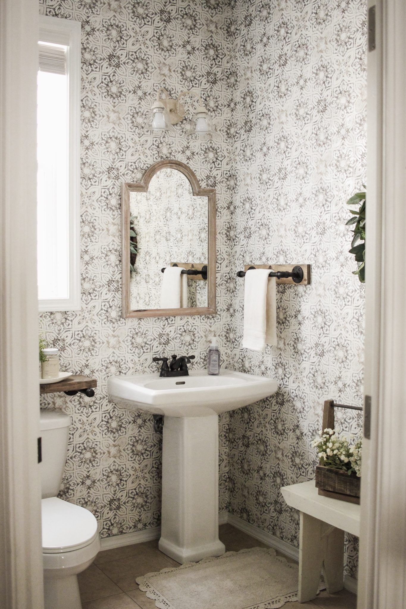 Modern Rustic Farmhouse Bathroom Makeover with Vintage Patina Tile Wallpaper - Rain and Pine