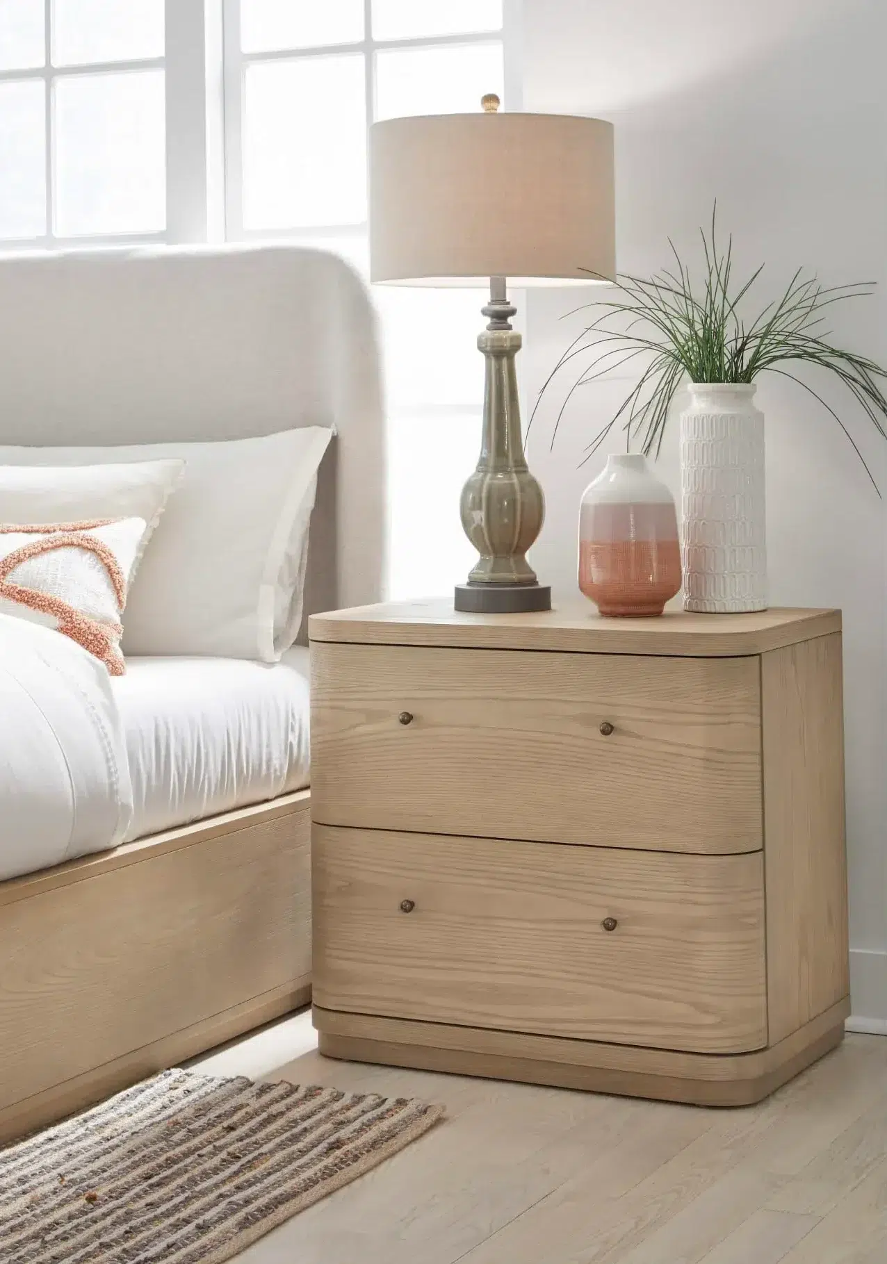Modus Furniture Penny Two Drawer White Oak Nightstand in Buff Cream
