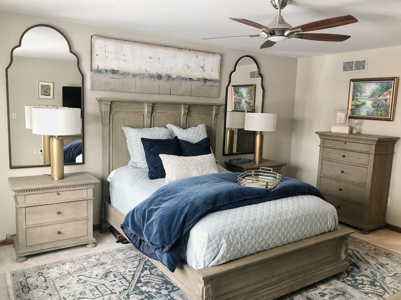 Neutral and Navy Master Bedroom Refresh - Peace and Pine Designs
