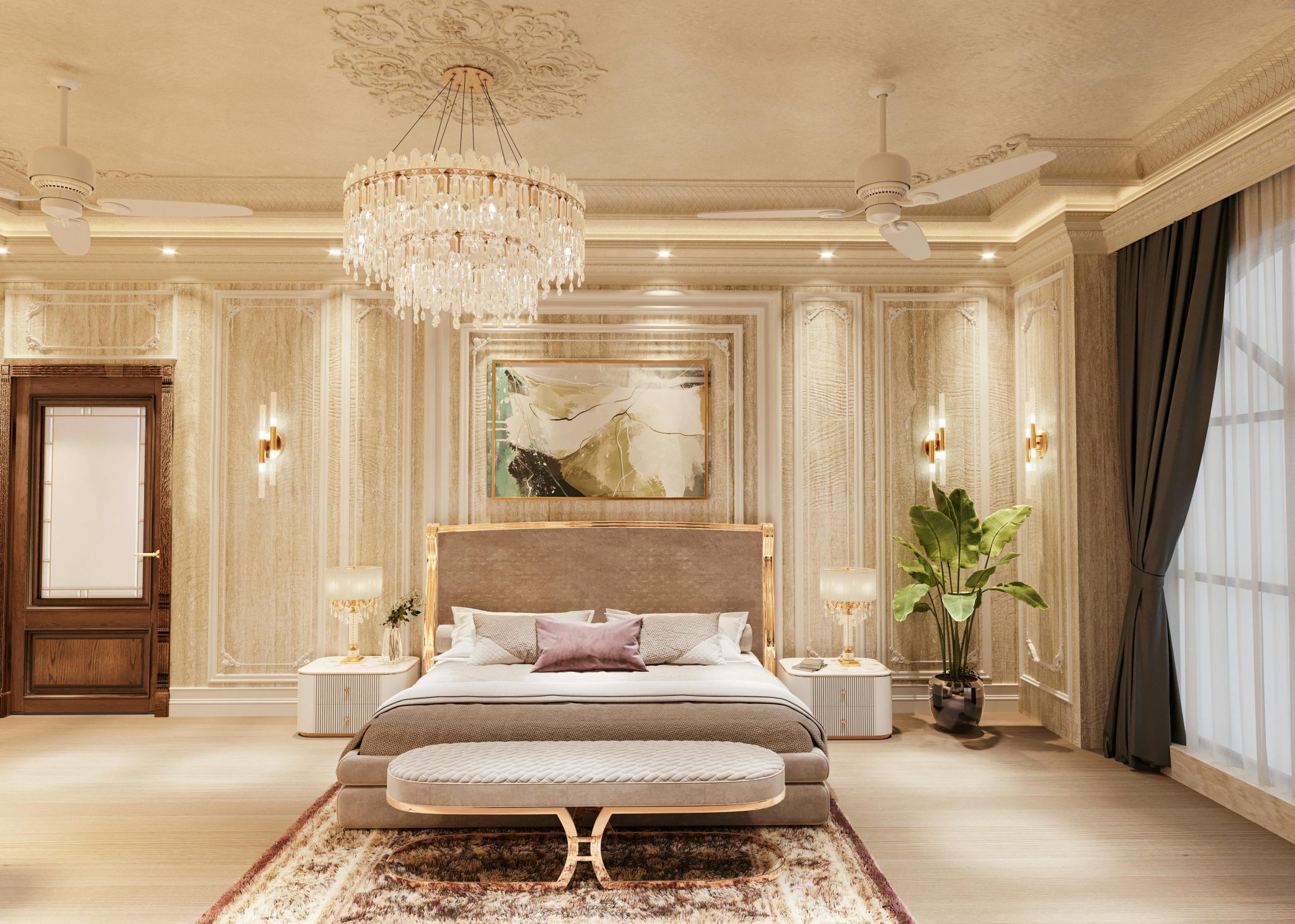 Opulent bedroom featuring a crystal chandelier, double bed, and elegant decor.