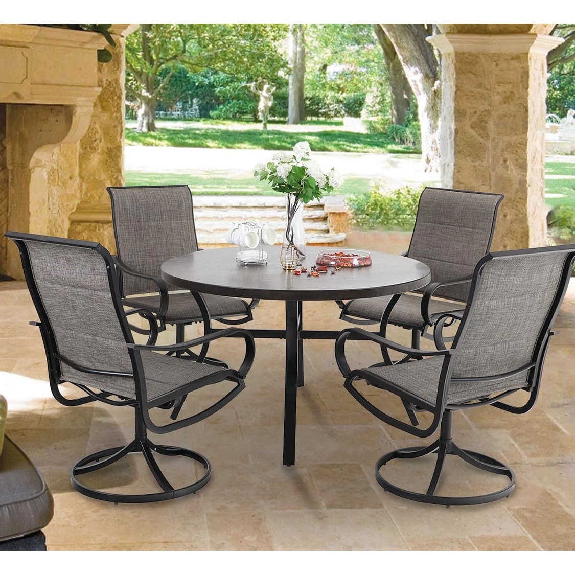 Piece Round Patio Table With Swivel Chairs Pieces Outdoor Dining Set, Quick Dry Foam Padded Swivel Chairs And 44' Round Metal Wood Grain Table