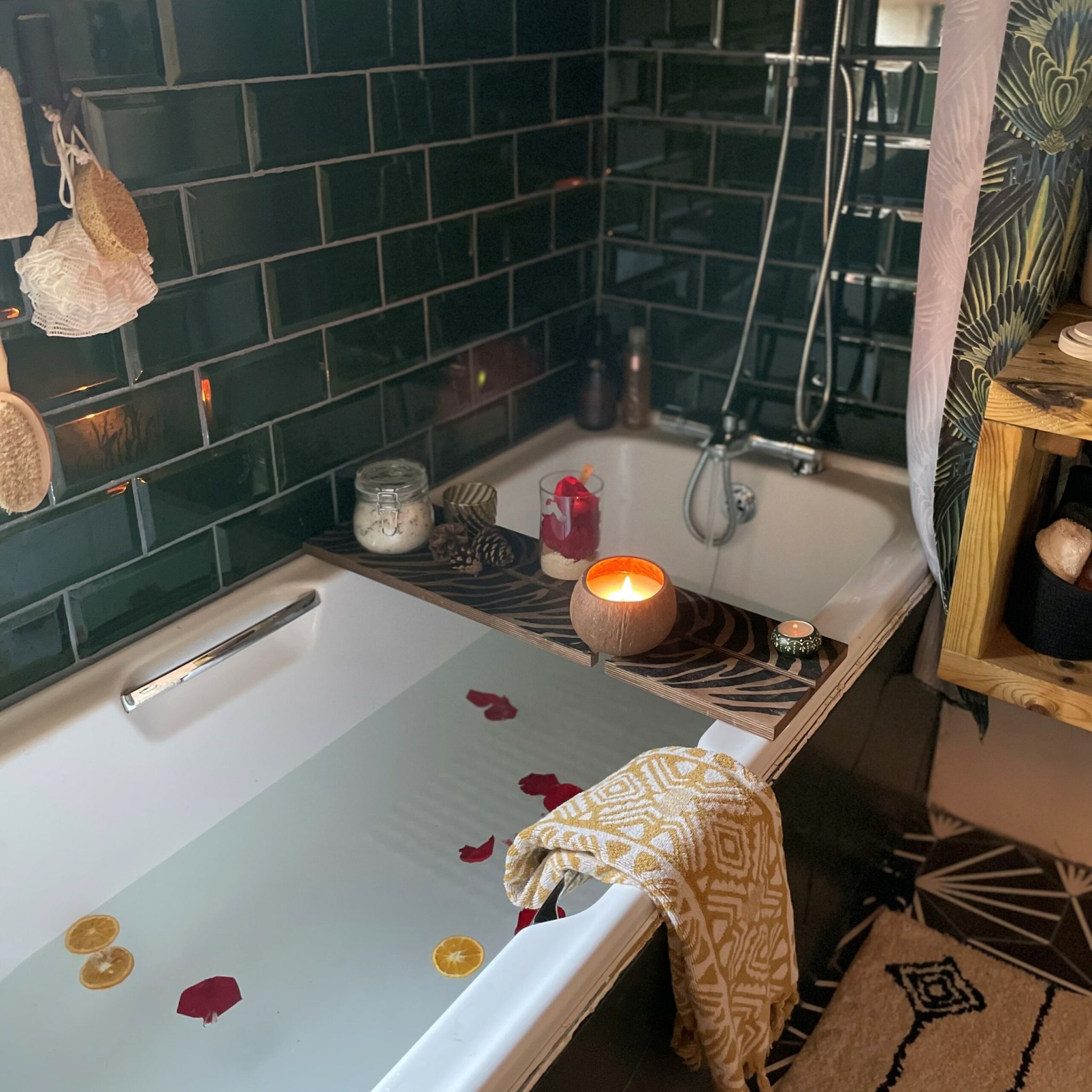 Pixie Created Her Eclectic Bathroom with Our Victorian Green Metro Tiles - Walls and Floors