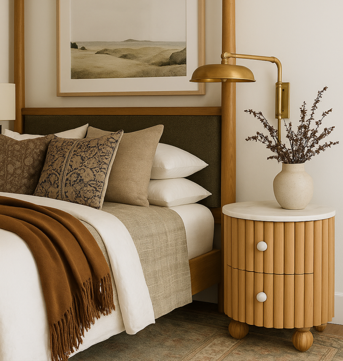 Poppy Fluted Oak Nightstand - Marble Top Bedside