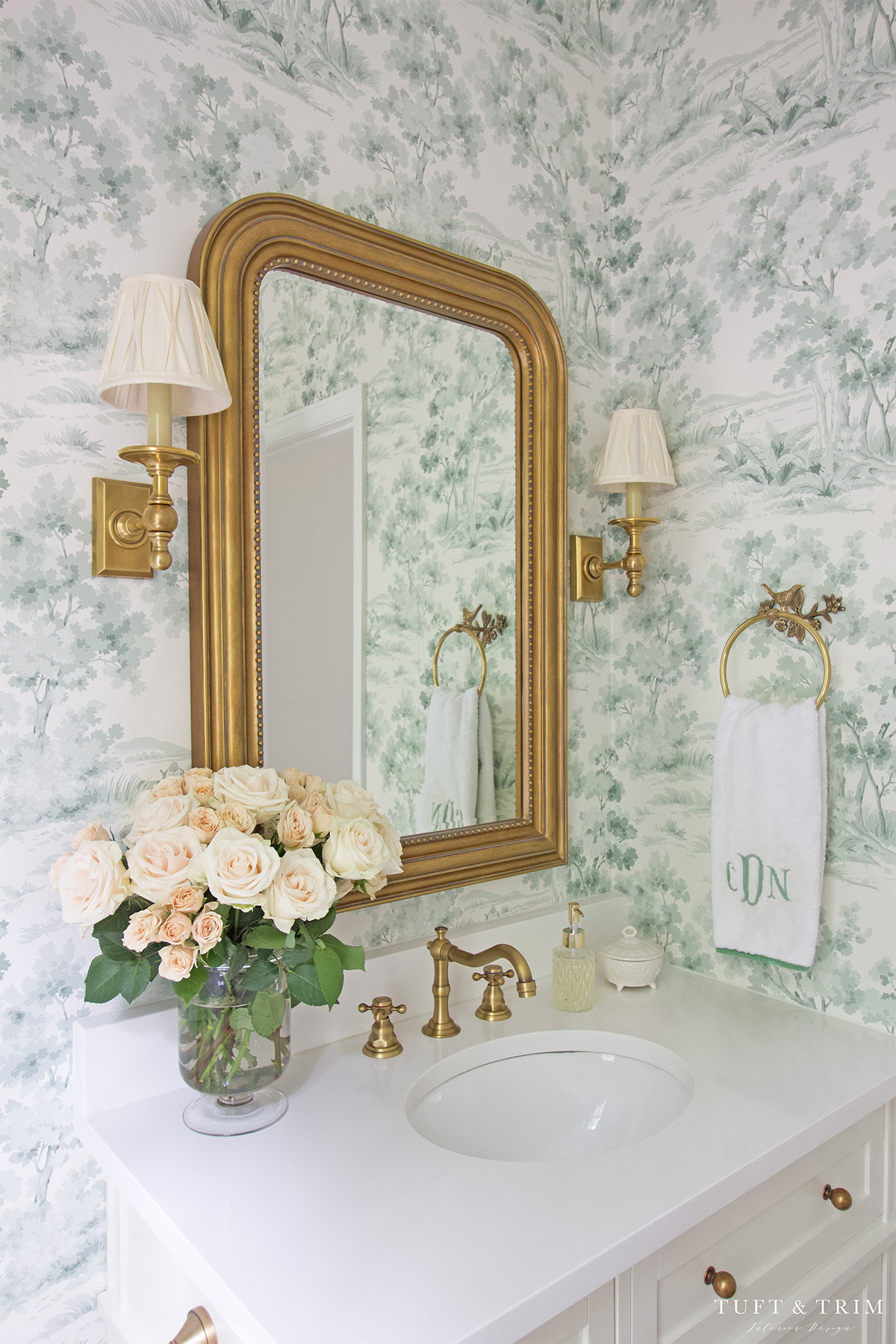 Powder Bathroom with Toile Wallpaper - Tuft & Trim