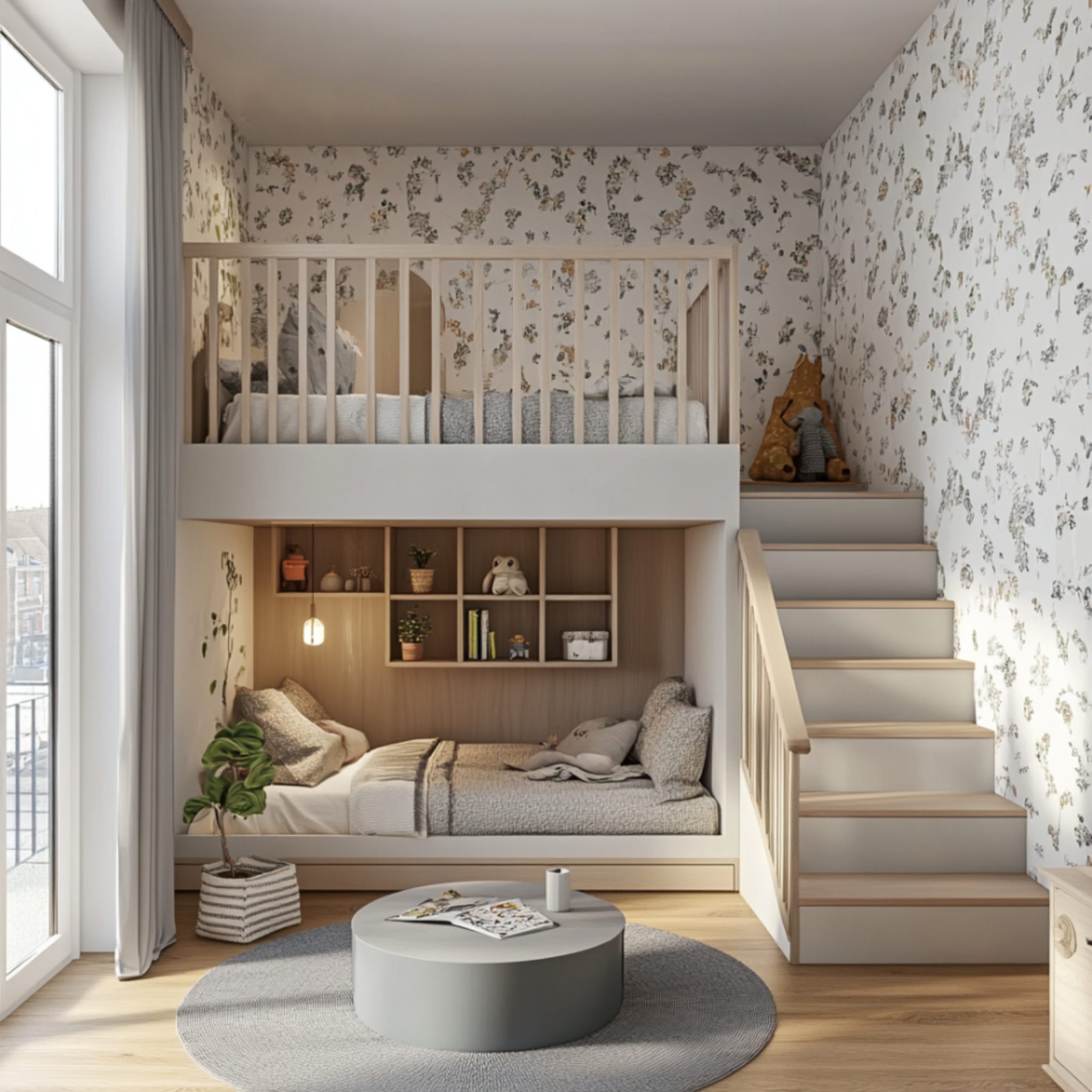 Scandinavian Kids Bedroom Design With Warm Wood and Wallpaper | Livspace