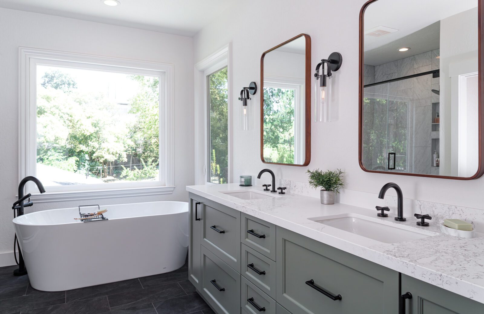 Serene Sage, Black, White Primary Bathroom Remodel - MSK Design Build