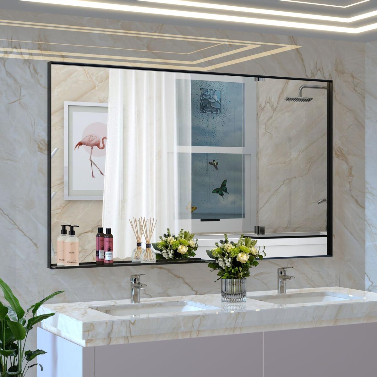 Simplie Fun 60x36' Oversized Rectangle Mirror with Removable Tray & Aluminum Frame - Black