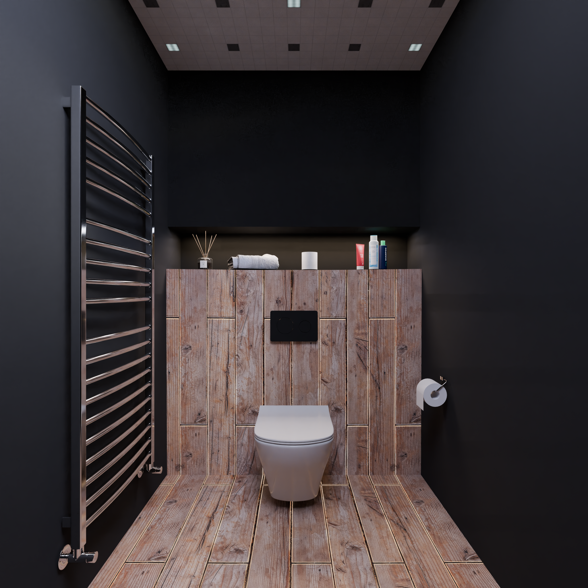 Sleek black bathroom with wooden features and contemporary design elements.