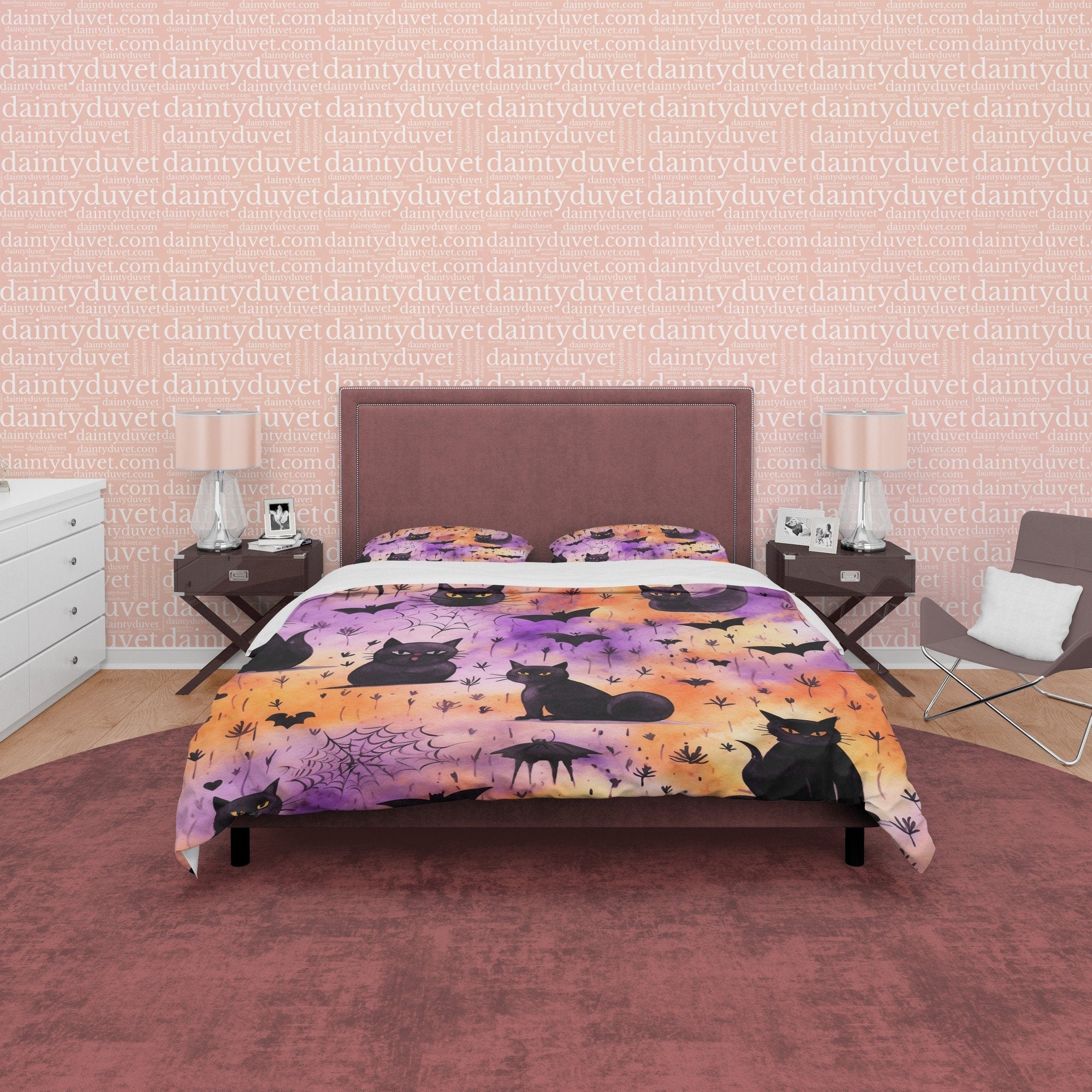 Spooky Black Cat Halloween Duvet Cover, Purple, Orange, Aesthetic Zipp