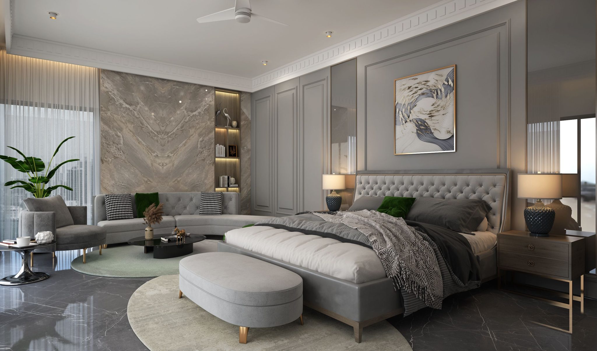 Stylish and modern bedroom interior with a double bed, sofa, and elegant décor in Nagpur.