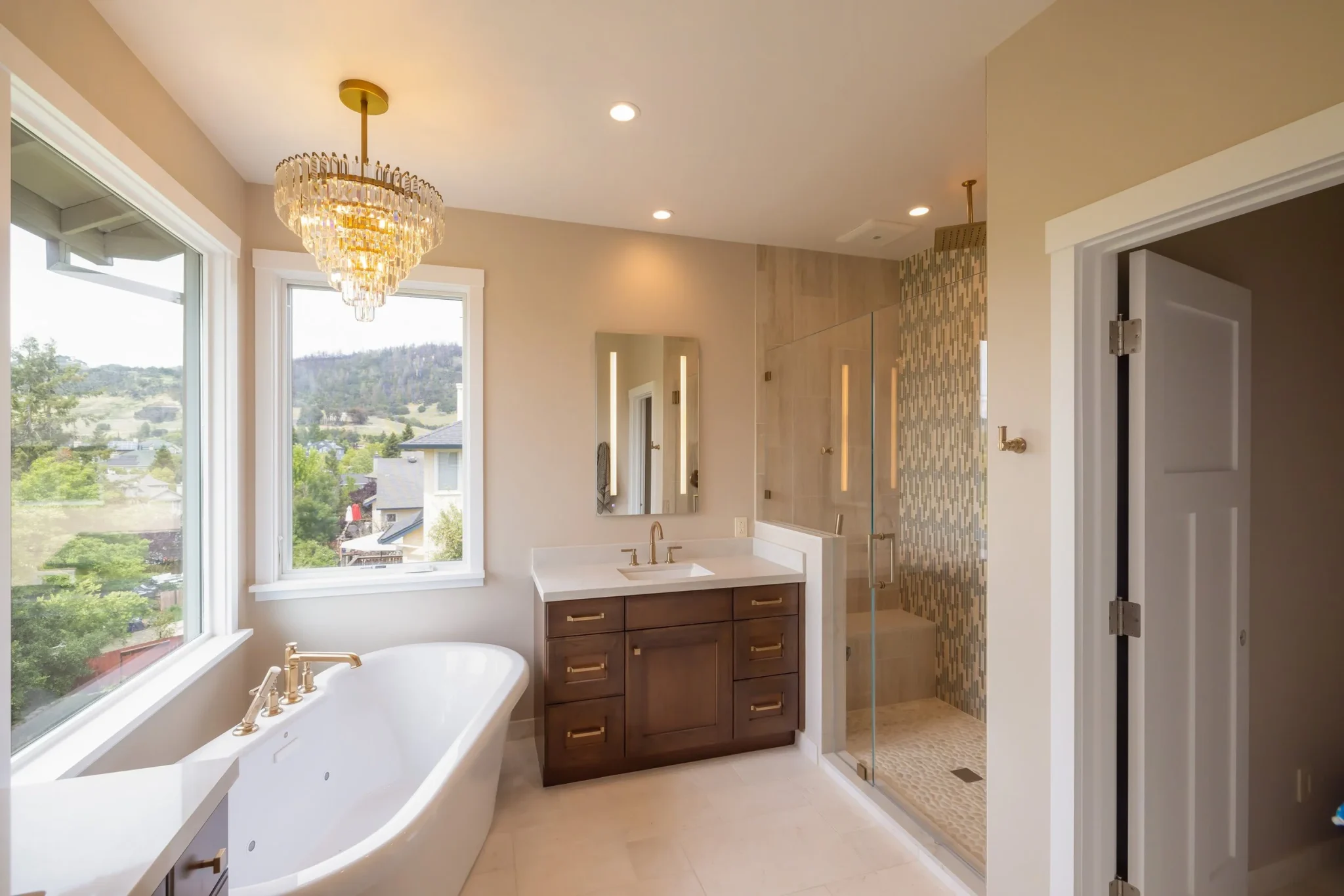 Transitional Primary Bath with a View — Williams Design Group