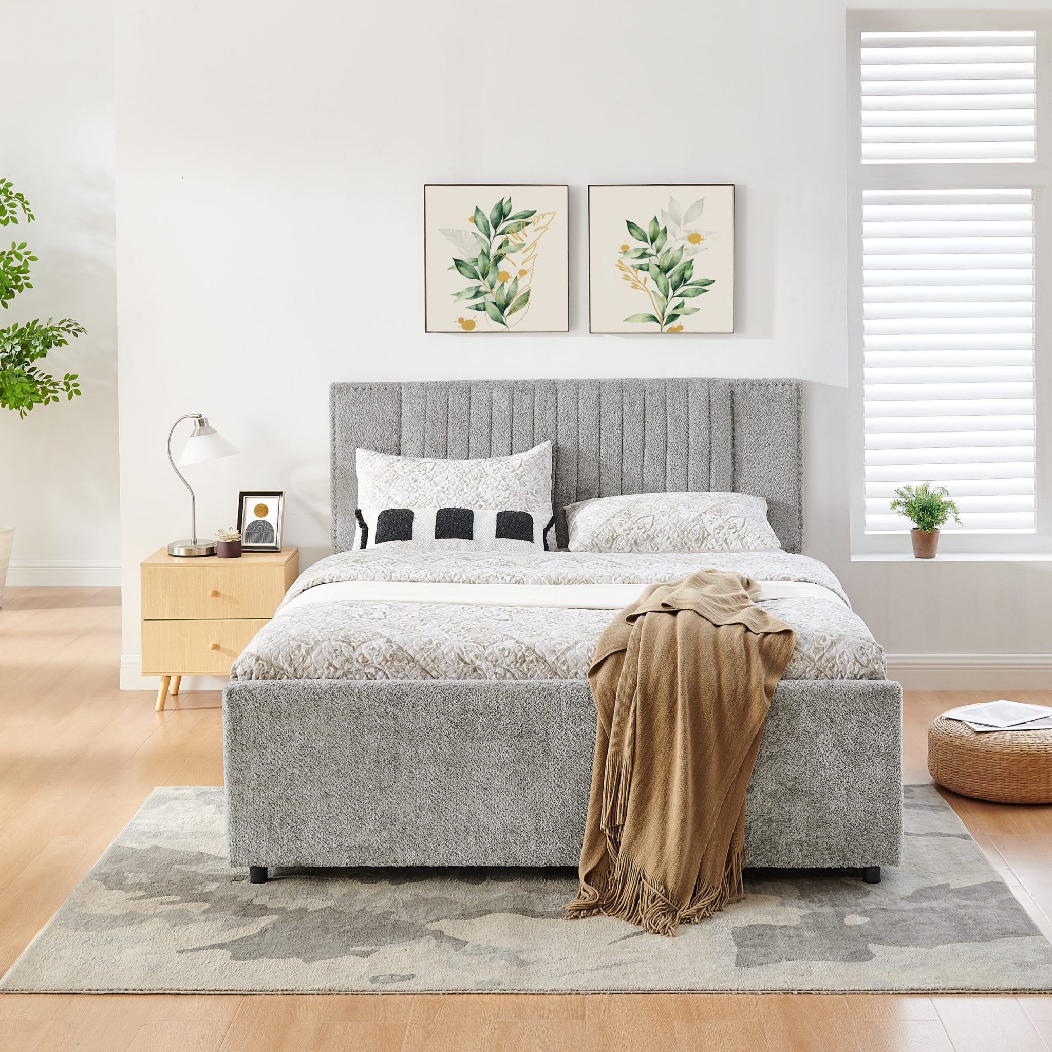 Upholstered Daybed with Trundle and Storage Drawers, Chenille Bed with Tufted Headboard - Grey - Queen
