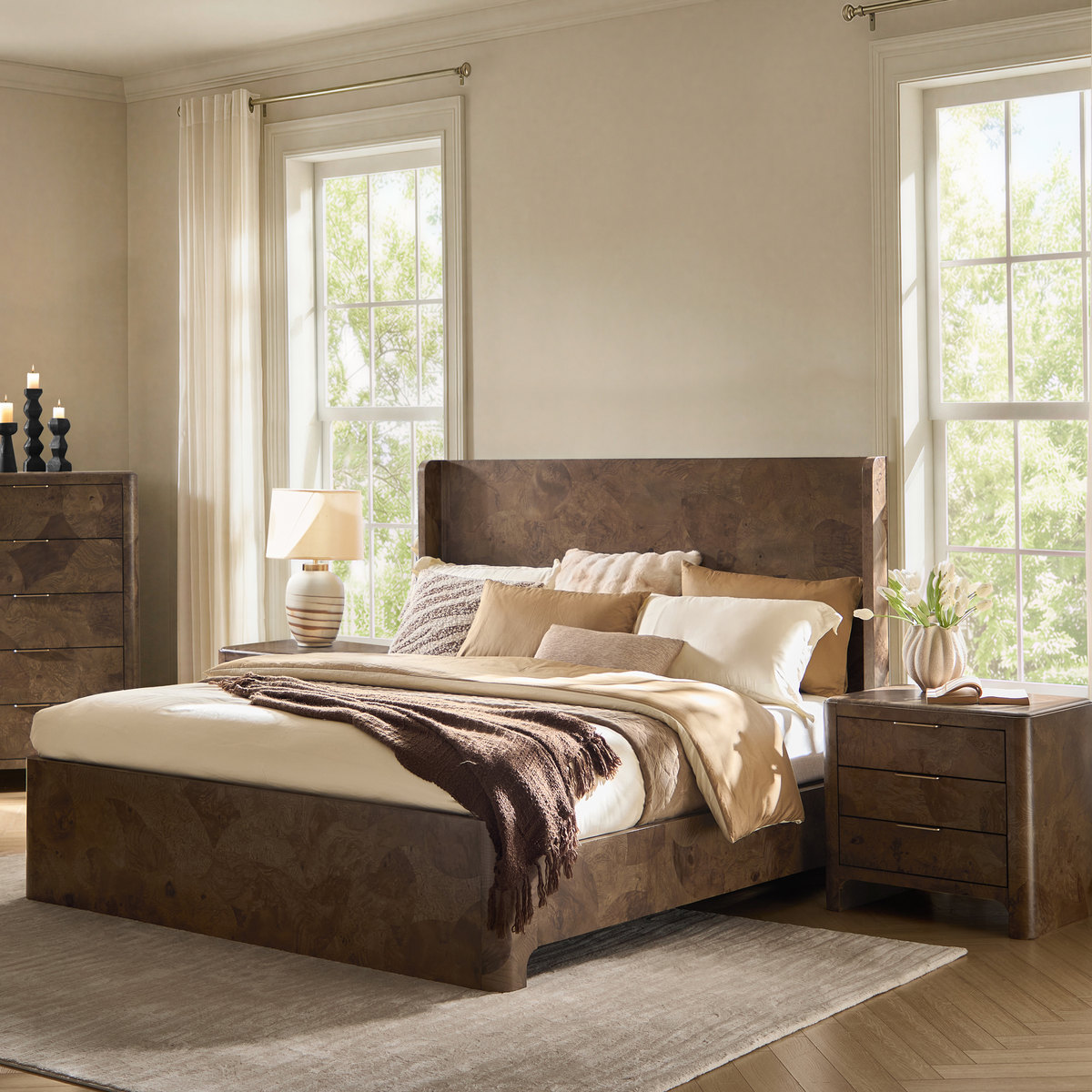 Virel Modern Burl Wood Wingback Bed - HULALA HOME