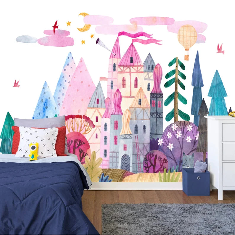 Watercolor Fairytale Castle Wallpaper Mural, Kids Nursery – Fotowalls