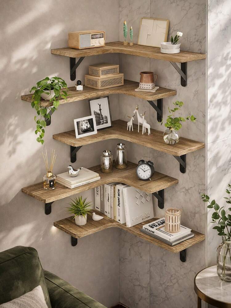 1/3/5pcs Bathroom Corner Hanging Storage Shelf, Wood Grain Texture With Metal Bracket, Space-Saving Display Shelf Suitable For Living Room/Bedroom/Bathroom/Kitchen, Can Hold Plants, Books, Photo Fra