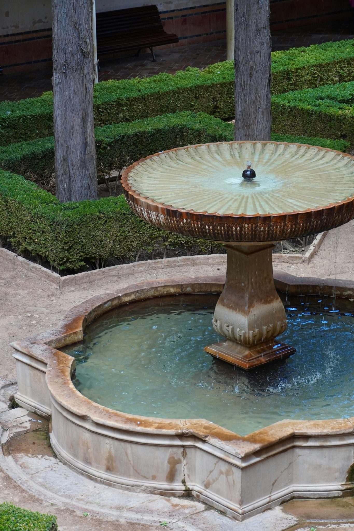A decorative fountain in a garden with trimmed hedges.
