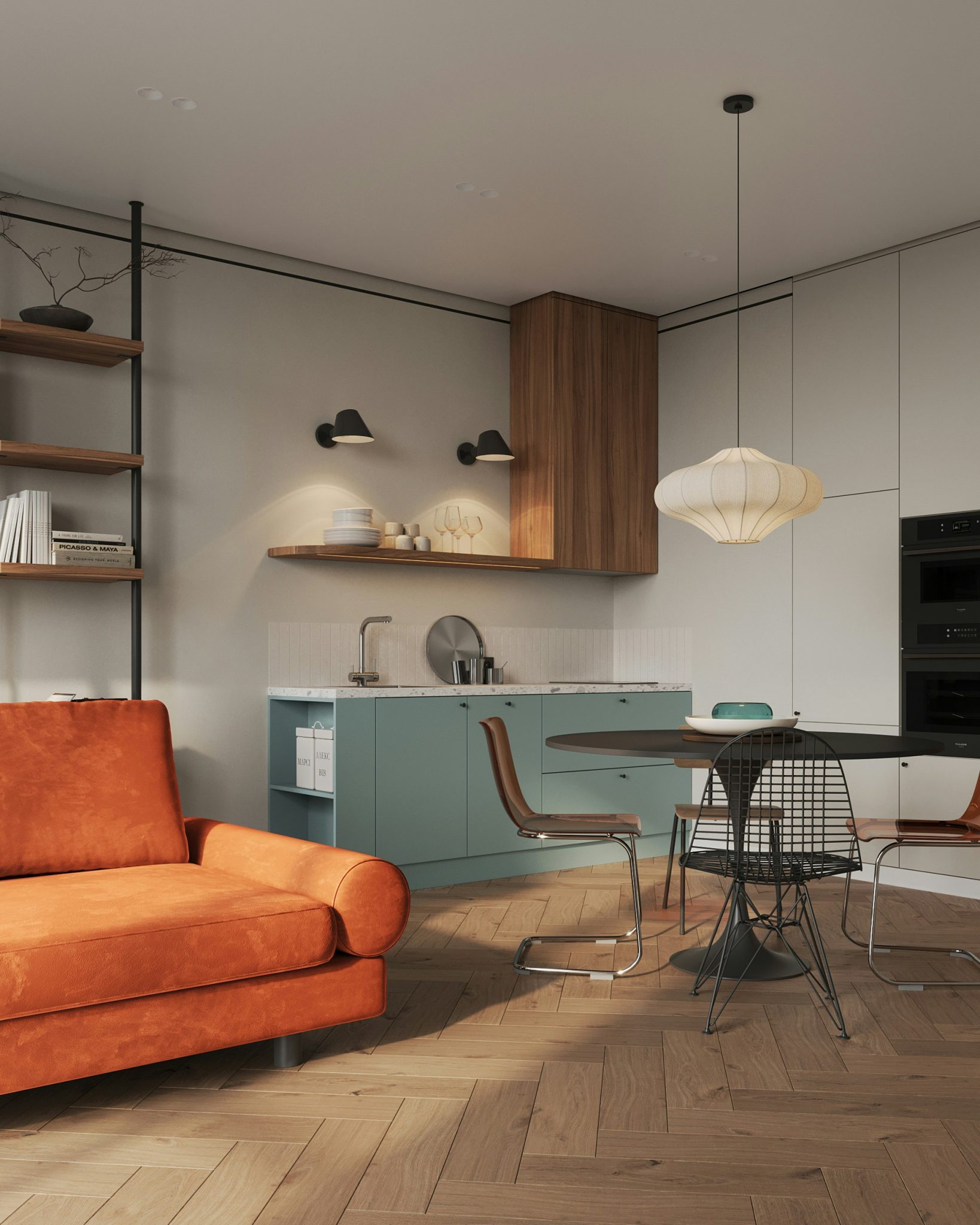 A living room filled with furniture and a dining room table