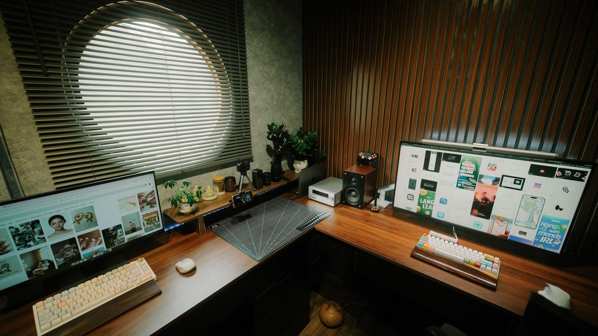 A modern home office setup with dual monitors, plants, and wooden decor, exuding a minimalist vibe.