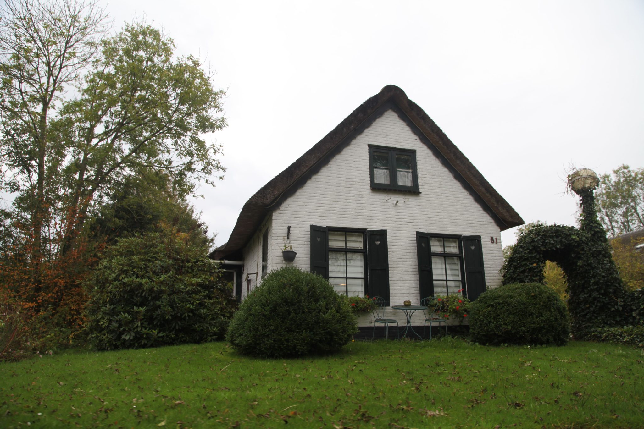 A quaint white cottage with a thatched roof surrounded by lush greenery and a well-kept garden.
