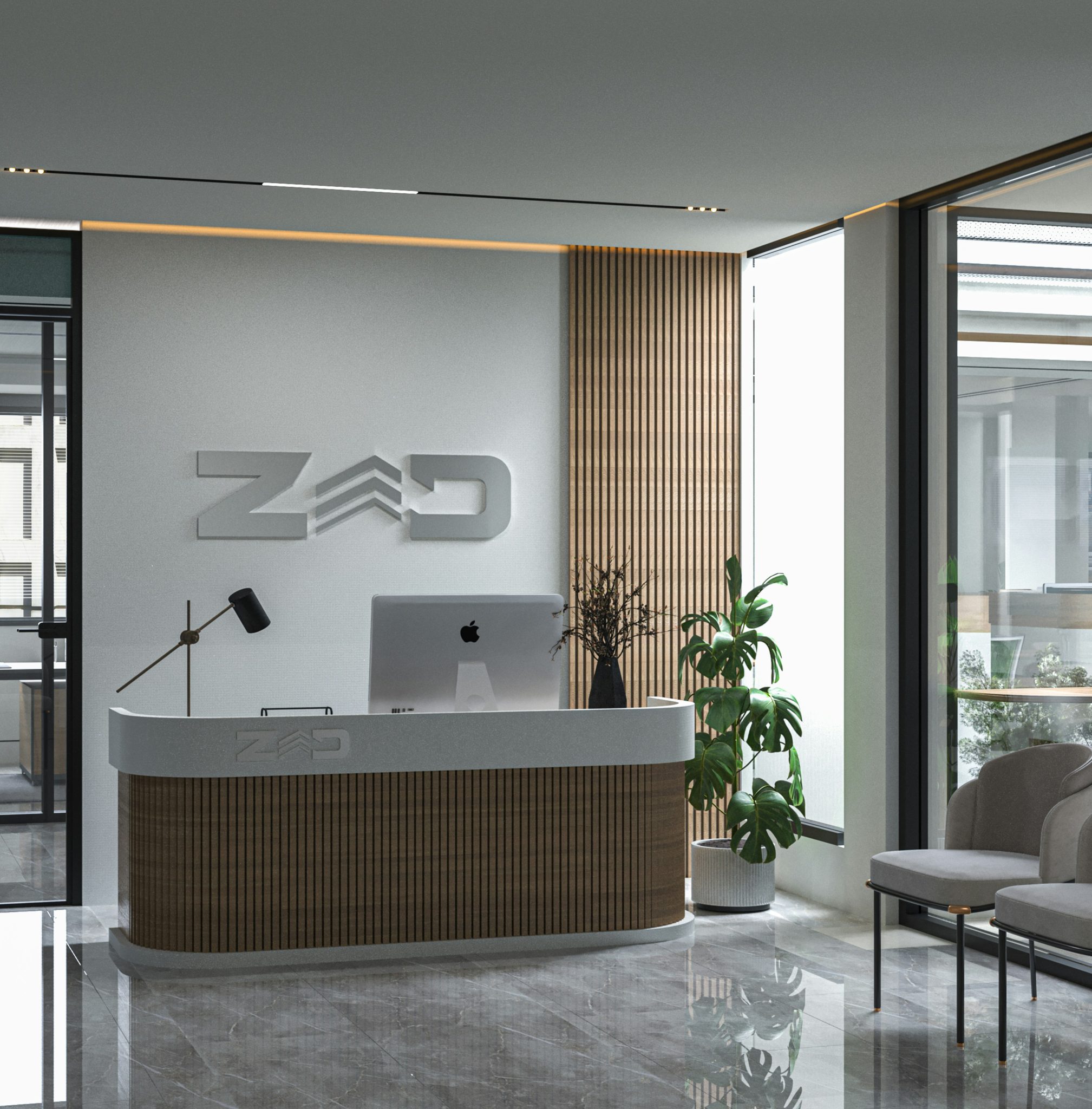 a reception desk with a laptop on top of it