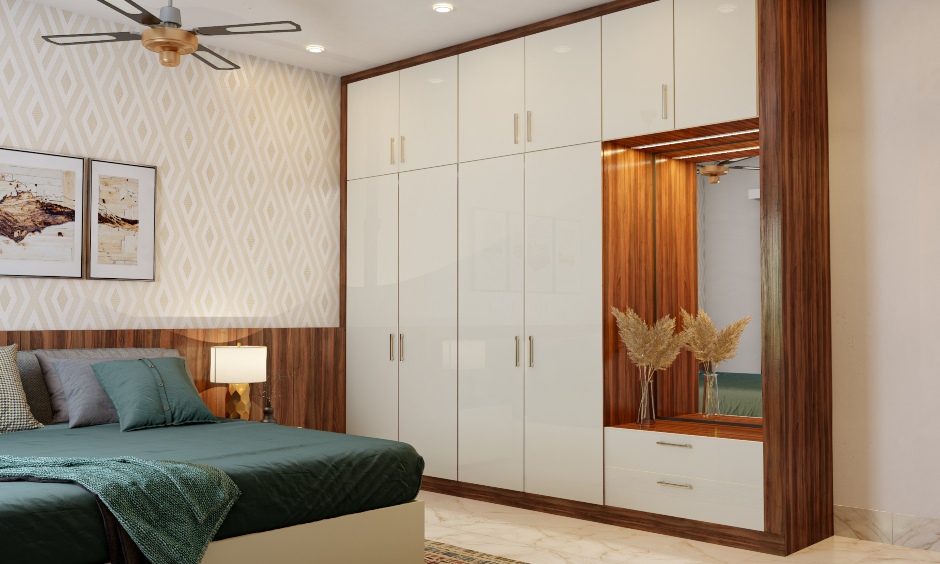 A Red And White Sliding Door Wardrobe With A Laminate Finish - DesignCafe
