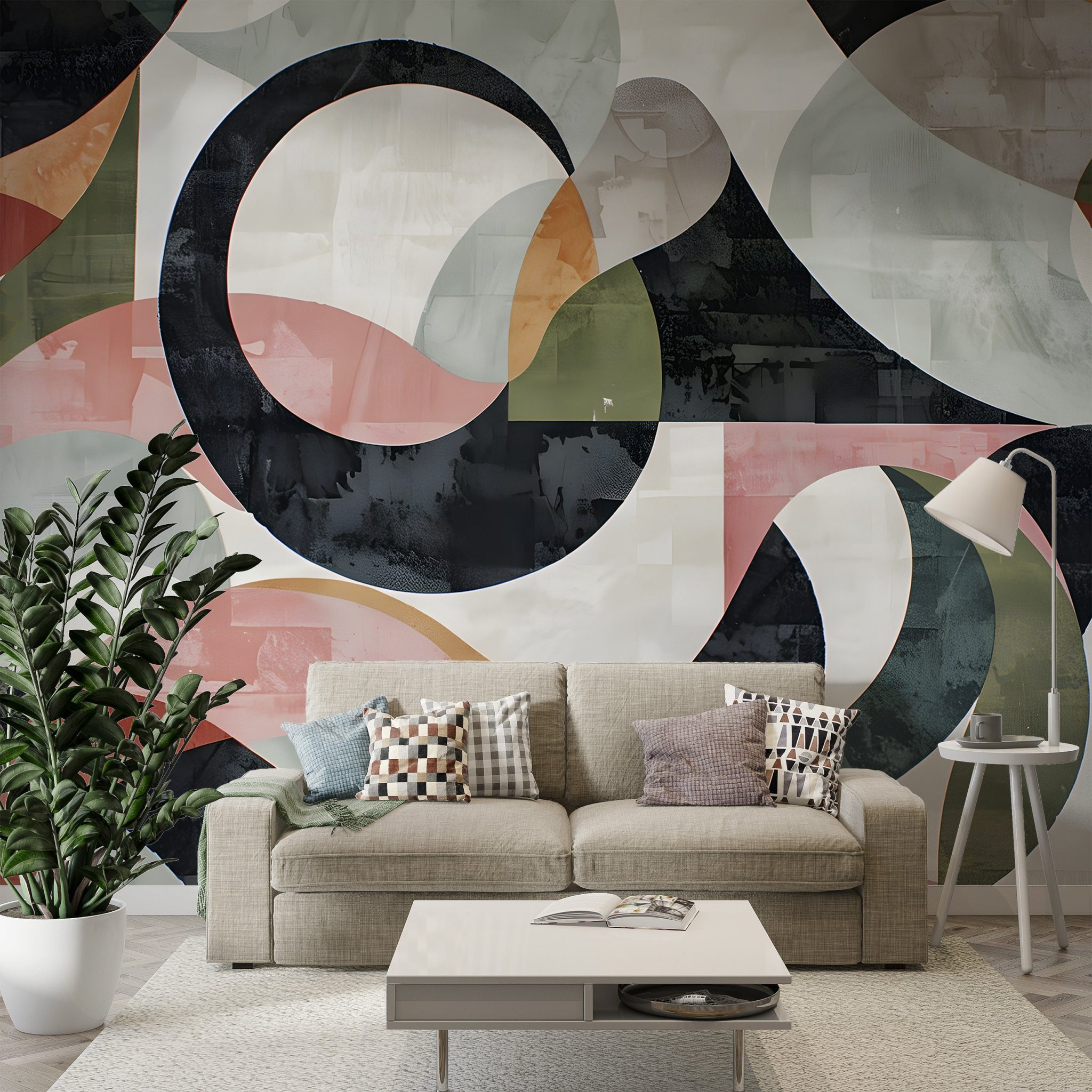 Abstract Geometric Mural, Art Deco Wallpaper, Peel and Sick Modern Mural, Colorful Watercolor Removable Wall Decal - Peel & stick / Small sample 8' W ...