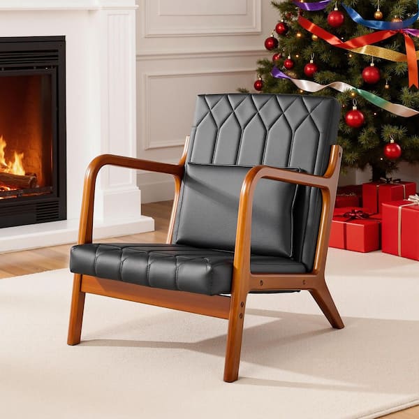 Arm Chair Black And Wood Accent Chair VECELO Modern Accent Chair, Solid Wood Frame, Black (Style 4) Upholstery, Comfortable Lounge Chair With 1-Pillow (Set Of 1) THD-CC-ZD07-BLK