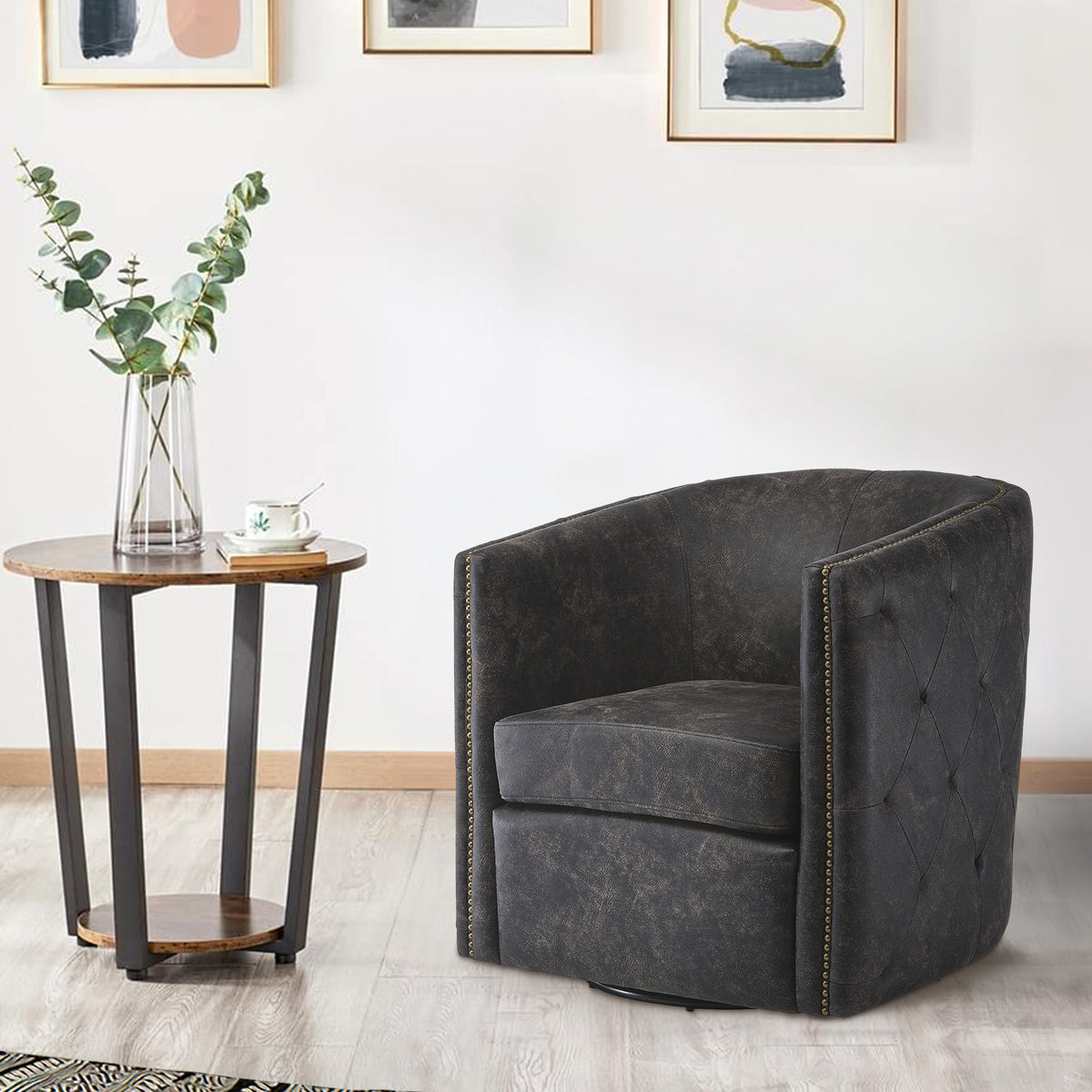 Benjara 31 Inch Barrel Back Leatherette Swivel Accent Chair, Black - BM231371 | Benzara.com
