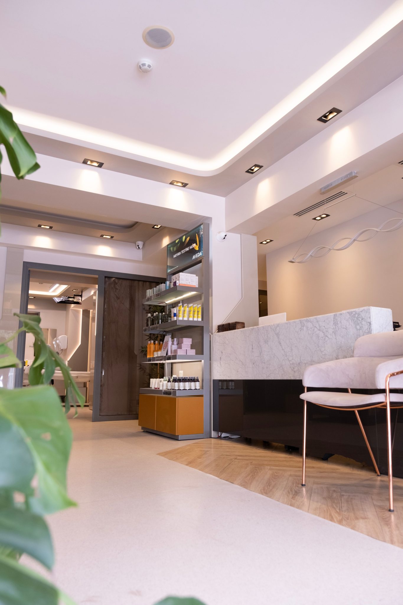 Bright and elegant spa reception area showcasing modern interior design, marble desk, and comfortable seating.