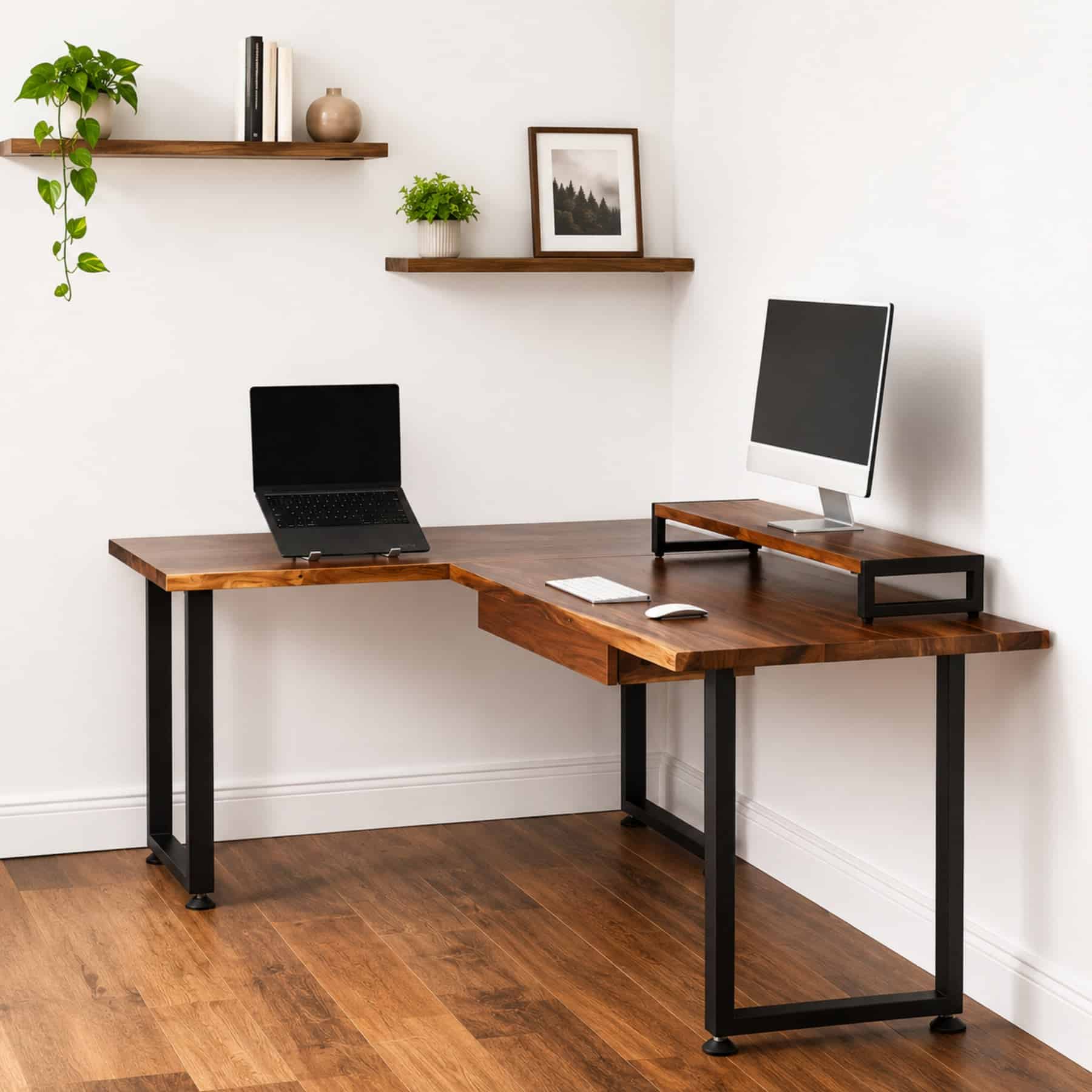 Buy Now Solid Wood L Shaped Desk - Modern Wood Style (5) 70'x25'/63'x25' / Left hand return / Add-monitor stand