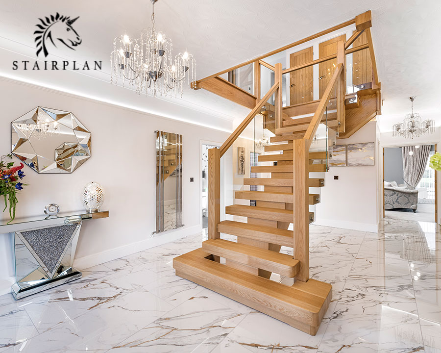 Central Feature Oak X-Vision Staircase with Glass