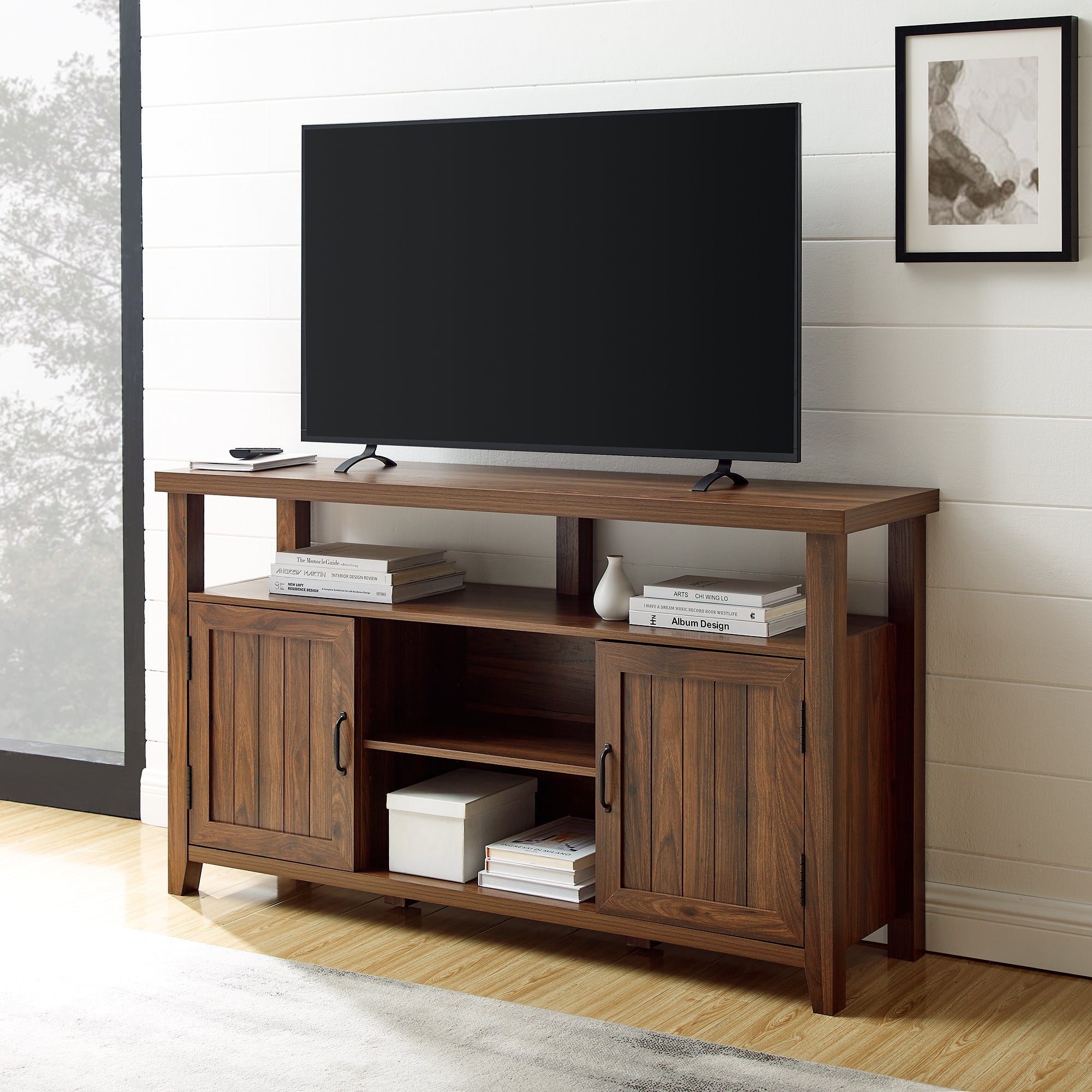 Classic Grooved-Door Tall TV Stand for TVs up to 65' in Dark Walnut