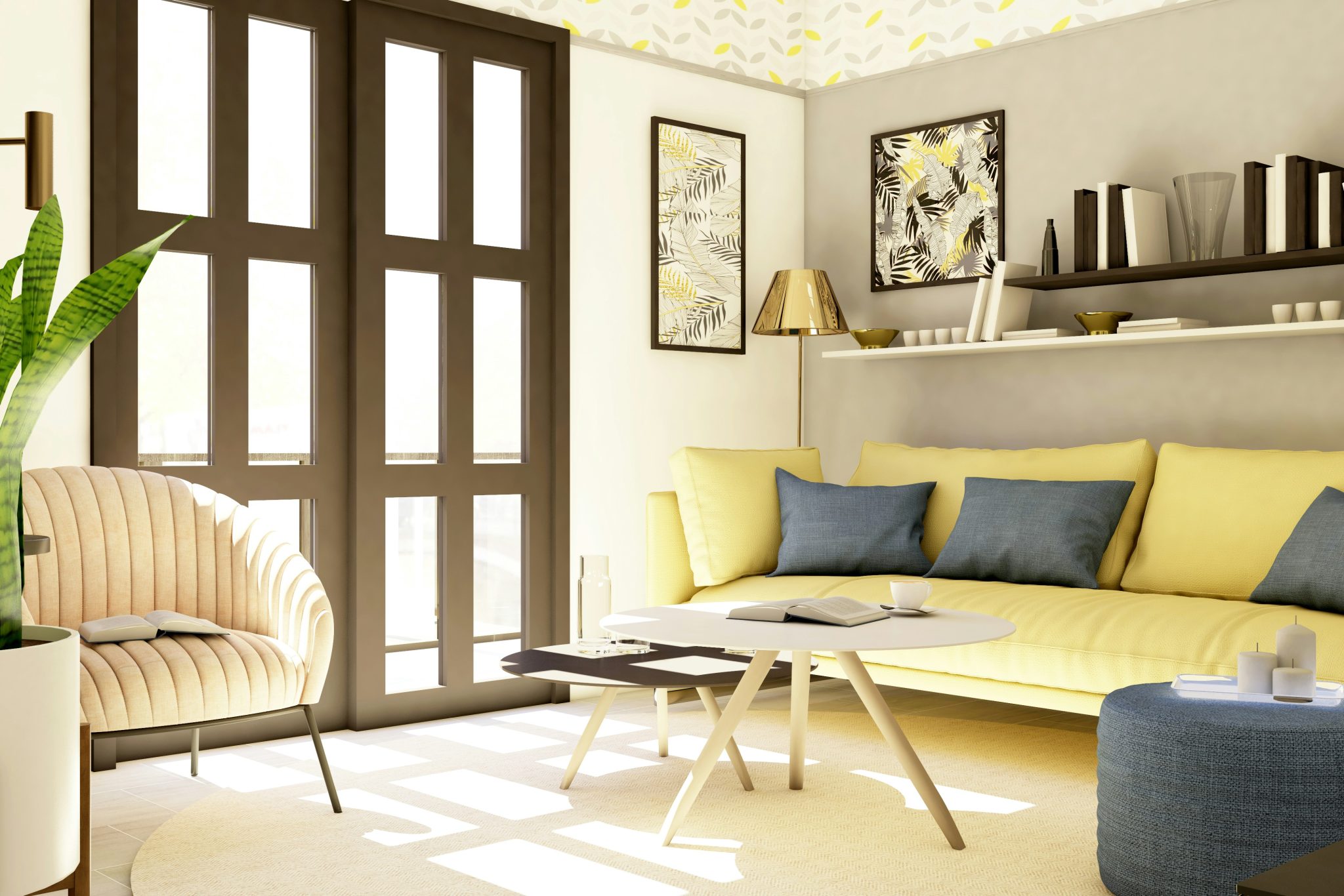 Cozy living room for a newly married couple, with a reading corner