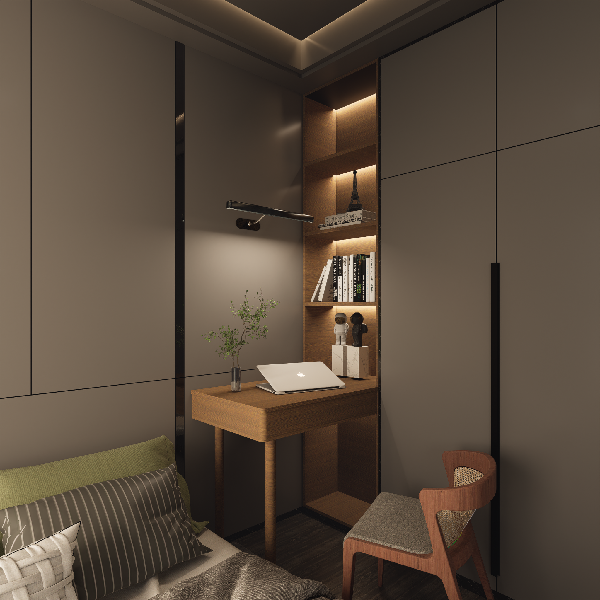 Cozy minimalist home office with desk, laptop, shelves, and mood lighting decor.